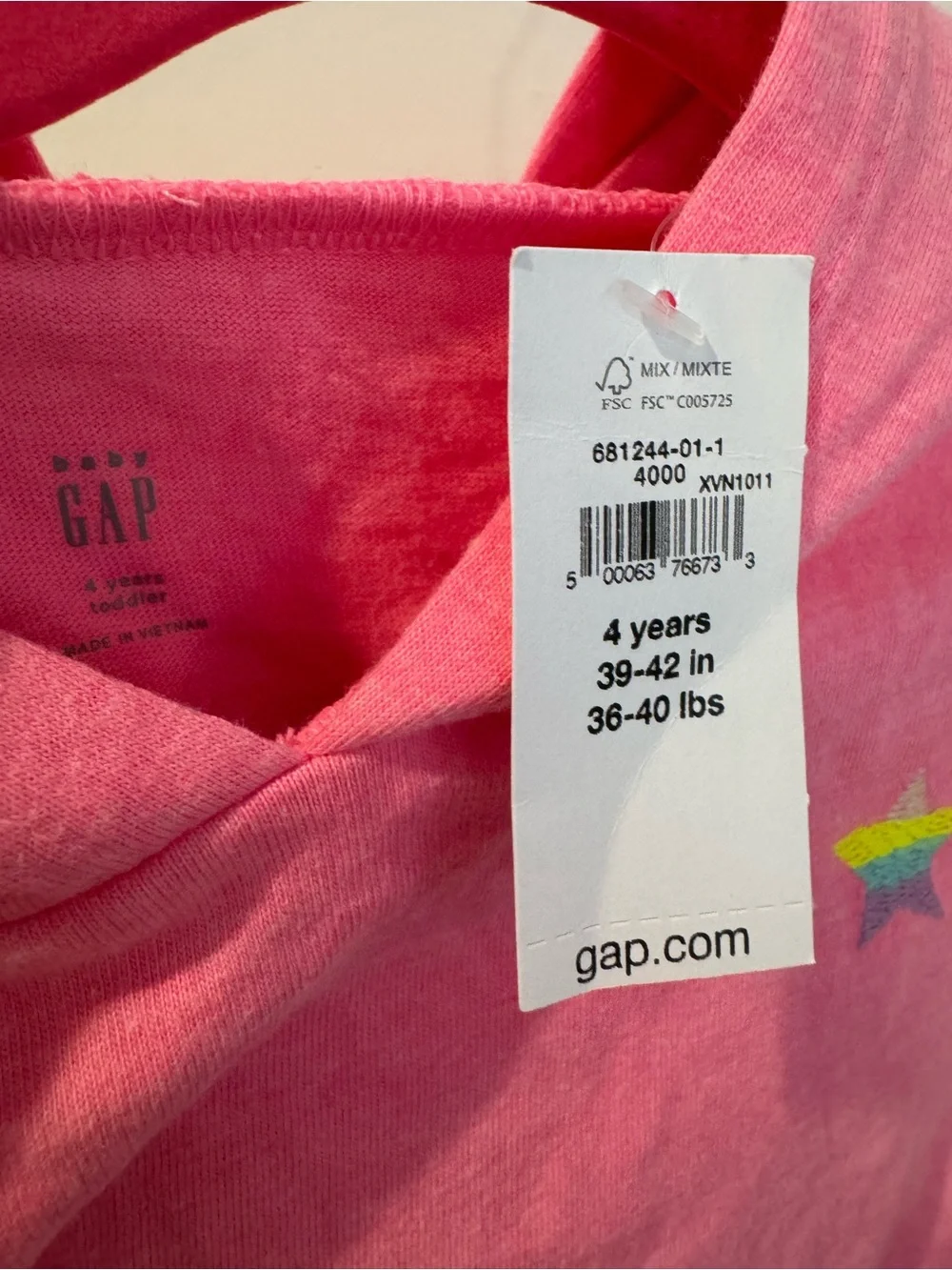 GAP Kids Bright Pink Hooded Long-Sleeve Top with Small Star NWT